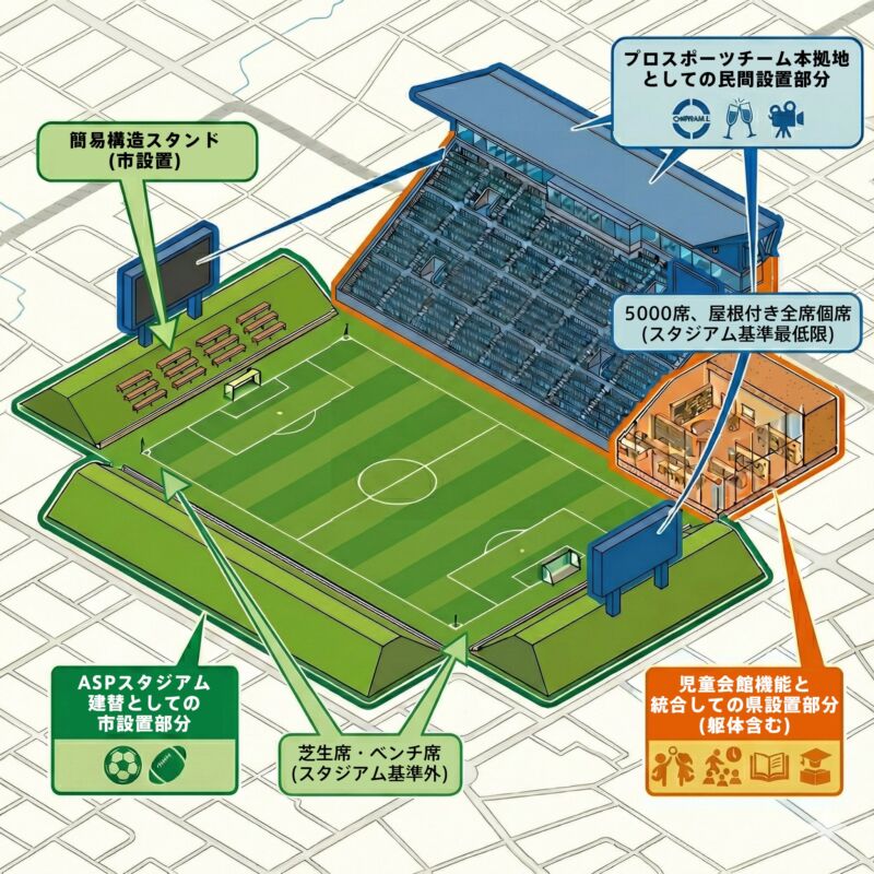 Image for the Tweet beginning: 沼谷市長は「ASPと新スタの2つの市立スタジアムが並ぶのはあり得ない」を市が主体にならない理由の一つに挙げてたけど、地方の都市公園に国立でも県立でも民営でもスタジアムが2つ(ソユスタも入れると3つ)並ぶのもナシだよ💦
例えばこんな、ASPを存続させない形での県市連携の新スタも考えてほしい。